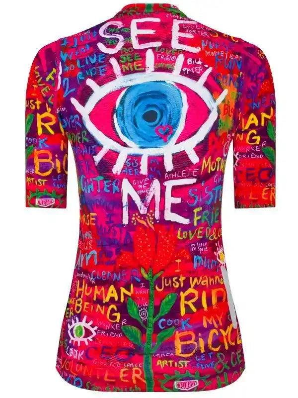 Vibrant women's cycling jersey with bold eye graphic and colorful text design, perfect for road biking