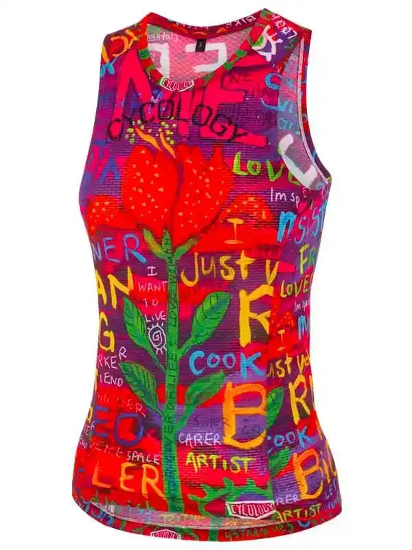 Colorful women's cycling tank top with floral and graffiti art design, breathable fabric for active rides