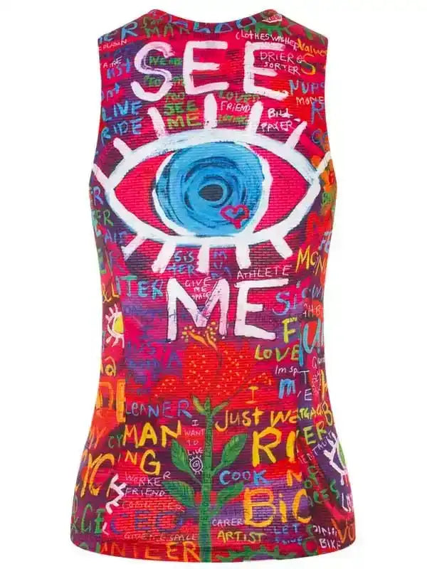 Women's cycling tank top with bold 'SEE ME' eye graphic and colorful graffiti-style text design