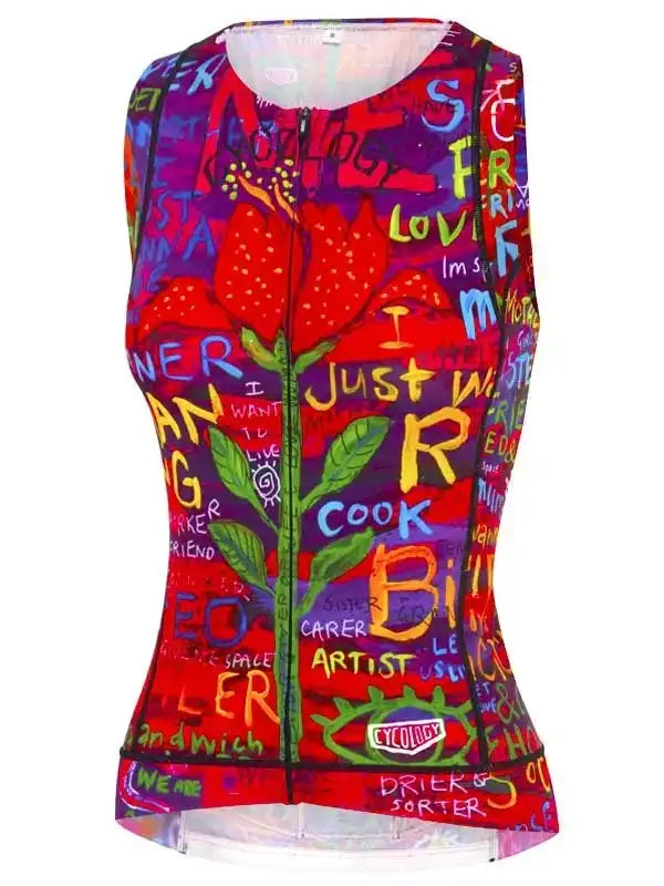 Colorful women's cycling jersey with graffiti-style art, red flowers, and bold text design
