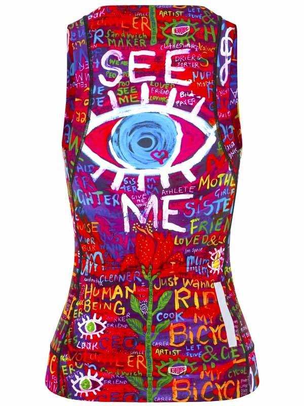 Colorful women's cycling vest with bold 'SEE ME' eye graphic and graffiti-style text design