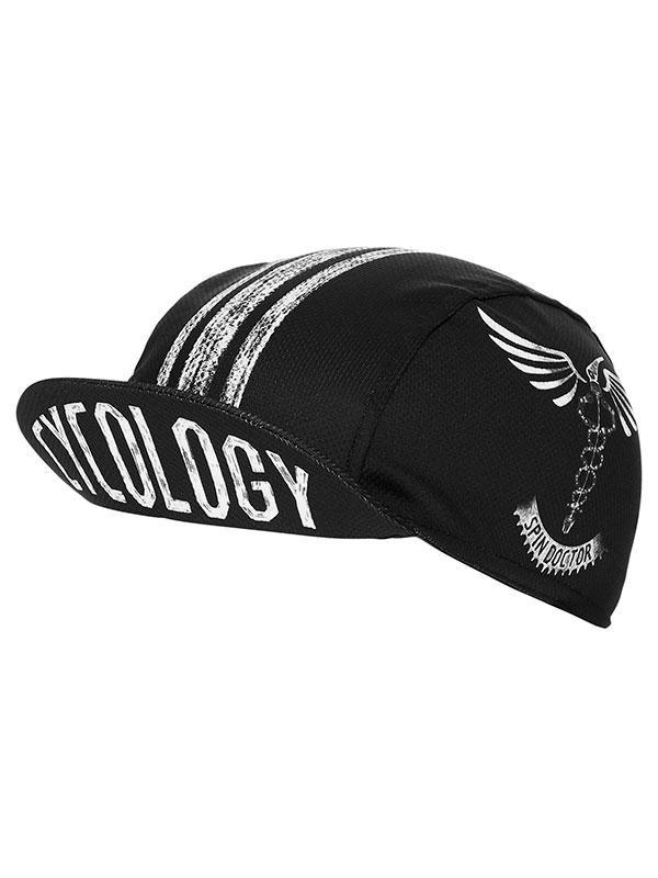Black cycling cap with white 'Cycology' text and winged skeleton design, ideal for road bike rides.