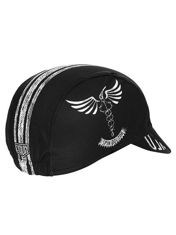 Black cycling cap with white winged caduceus and 'Spin Doctor' design, ideal for road bike rides