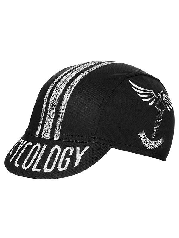 Black cycling cap with white stripes, 'CYCOLOGY' text, and winged caduceus 'Spin Doctor' design for road biking.