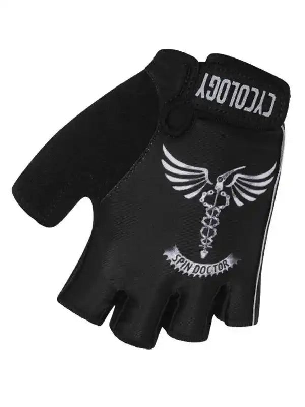 Black fingerless cycling glove with 'Spin Doctor' winged caduceus design and brand name on wrist