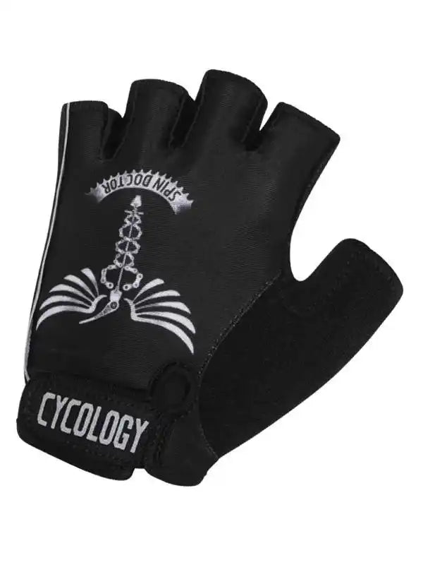 Black fingerless cycling glove with 'Spin Doctor' graphic and 'CYCOLOGY' wrist logo, ideal for men's and women's bike rides.