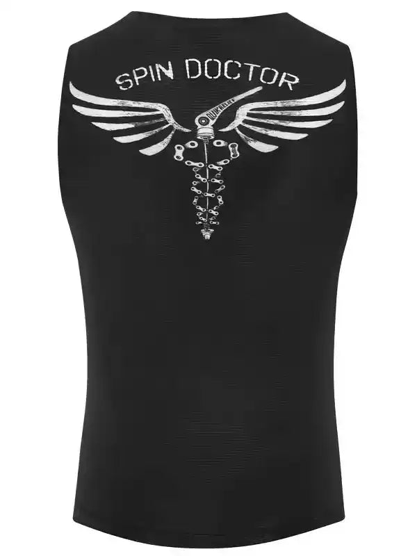 Black cycling tank top with 'SPIN DOCTOR' graphic, wings, and chain design for men's bike apparel