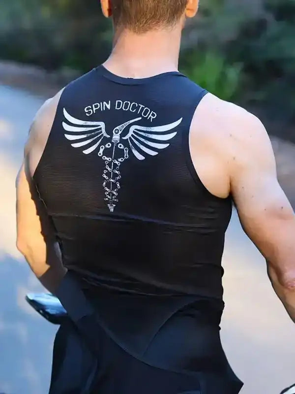 Men's cycling jersey with 'Spin Doctor' winged spine design, black sleeveless performance top