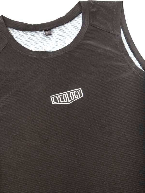 Black cycling tank top with white Cycology logo, breathable mesh back, and performance fabric