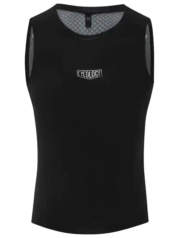 Black men's cycling tank top with mesh back and Cycology logo, breathable performance fabric