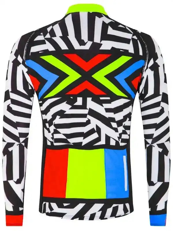 Men's long sleeve cycling jersey with bold black white geometric pattern and neon X design back view