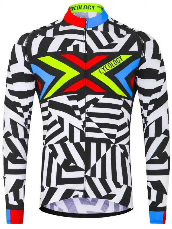 Men's cycling jersey with bold geometric print, neon accents, and full zipper for performance rides