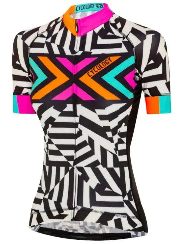 Women's cycling jersey with bold geometric print, vibrant neon accents, and full zipper for performance rides.