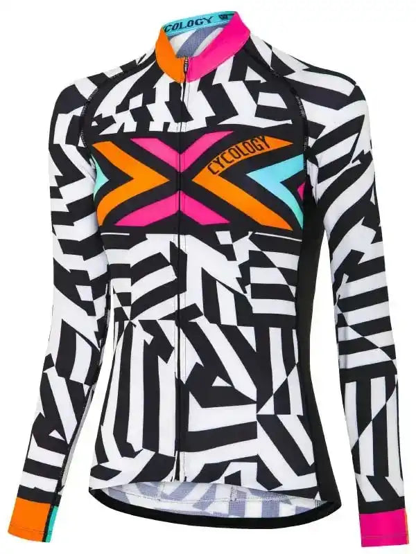 Women's cycling jersey with bold black-white geometric print and neon accents, featuring full zip and performance fabric