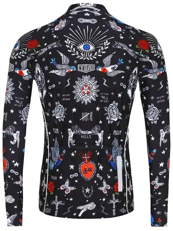 Men's long sleeve cycling jersey with tattoo-style graphics, roses, stars, and eye design on black fabric