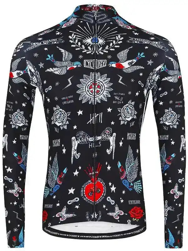 Men's long sleeve cycling jersey with tattoo-style graphics, roses, stars, and bold designs for road biking