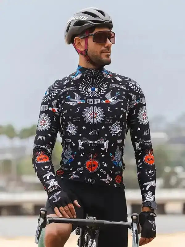 Tattoo Black Men's Long Sleeve Cycling Jersey | Cycology USA Tattoo Black Men's Long Sleeve Cycling Jersey | Cycology USA