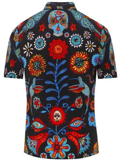 Men's cycling shirt with vibrant Day of the Dead skull and floral pattern on black fabric