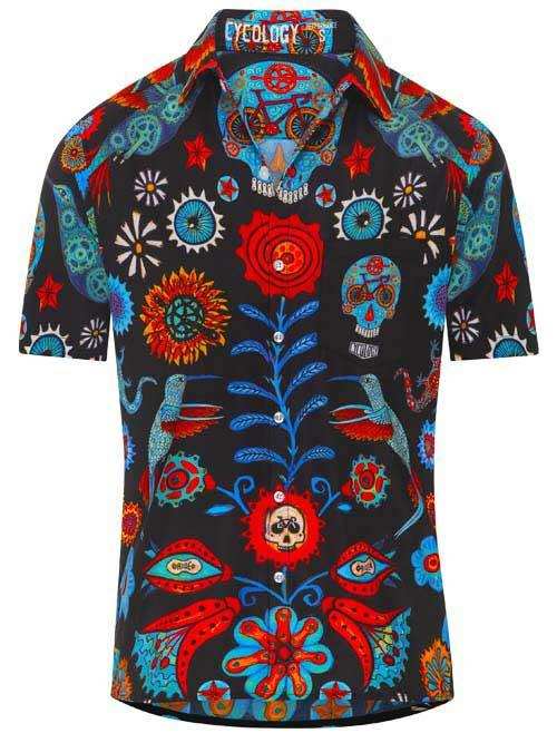Men's vibrant cycling shirt with sugar skull, floral, and bike gear print on black fabric