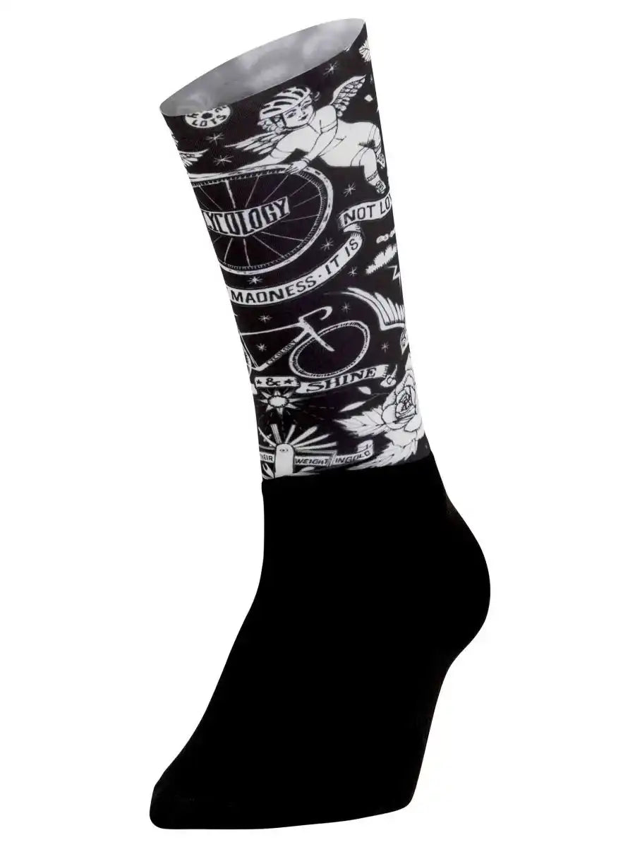 Black cycling sock with white tattoo-style graphics, angel, bike wheel, and text design for cyclists