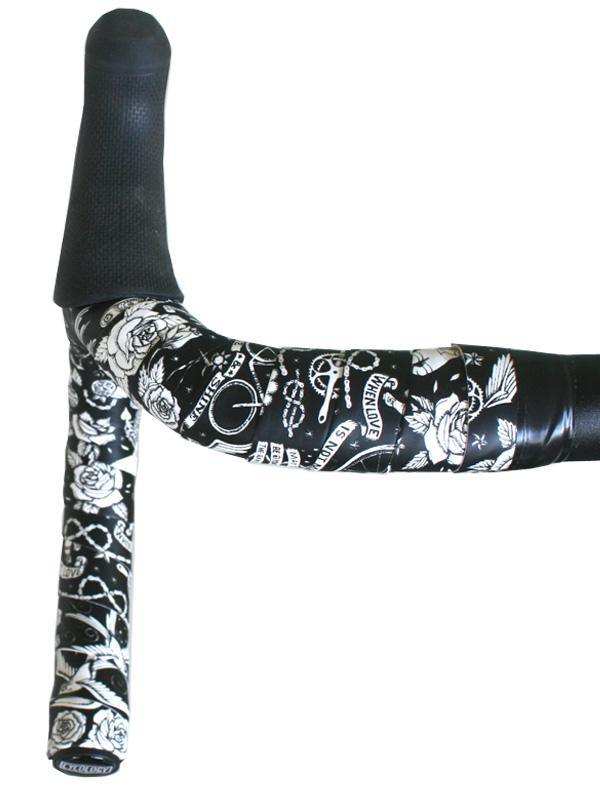 Black and white floral tattoo-style bike handlebar tape with rose and bicycle graphics for cycling gear