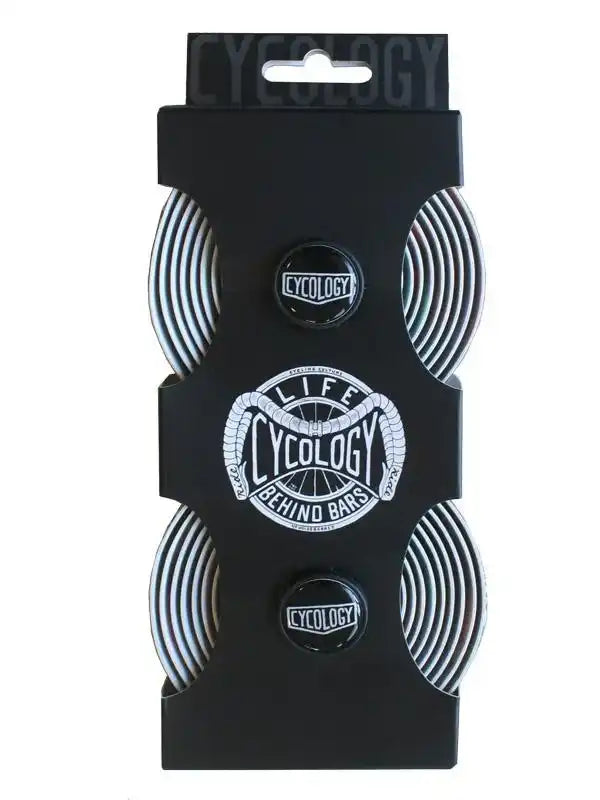 Cycology bike handlebar tape with 'Life Behind Bars' logo, black packaging, cycling accessories
