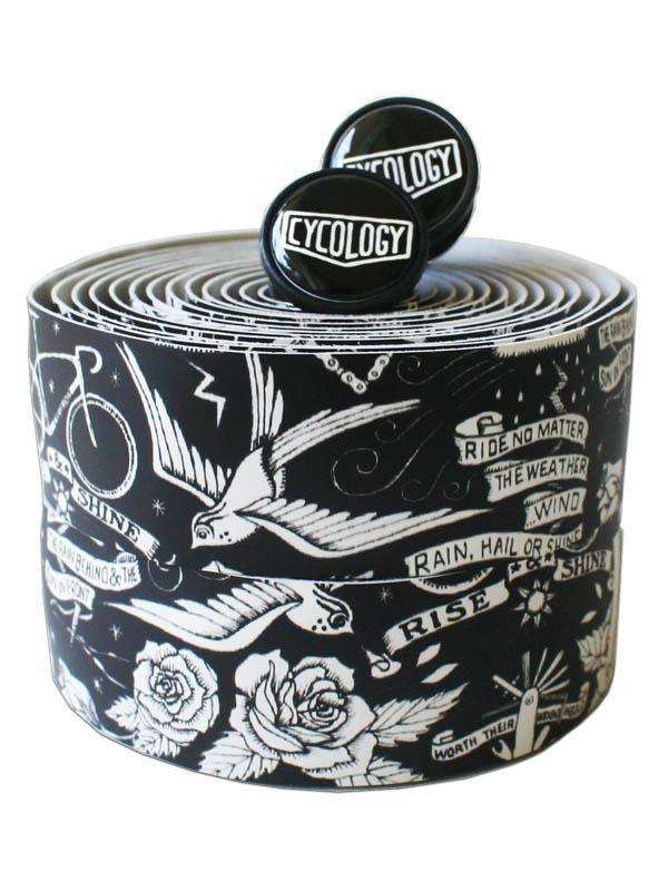 Black and white cycling handlebar tape with swallow, rose, and motivational phrases design