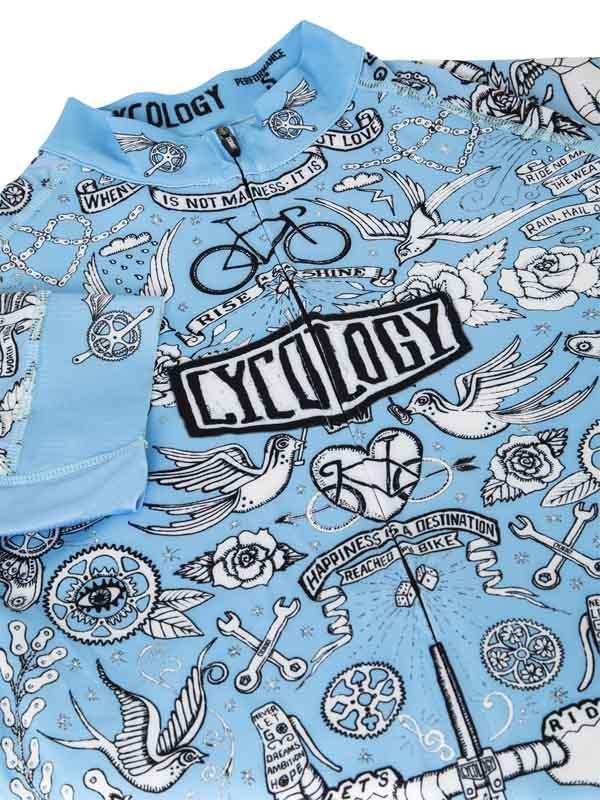 Light blue cycling jersey with tattoo-style graphics, birds, roses, and bike motifs for men and women