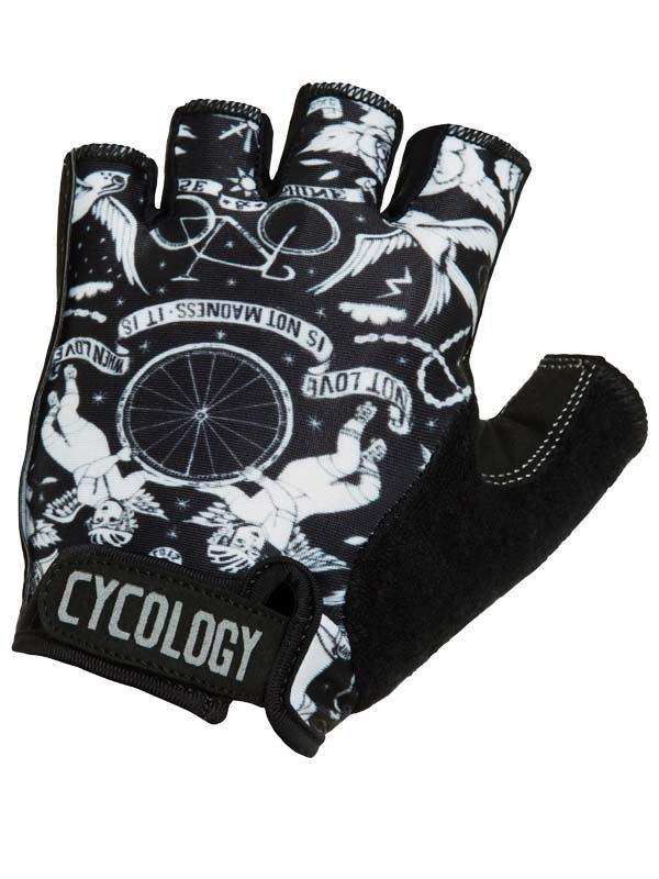 Black and white cycling glove with graphic design, fingerless style, and 'CYCOLOGY' wrist label