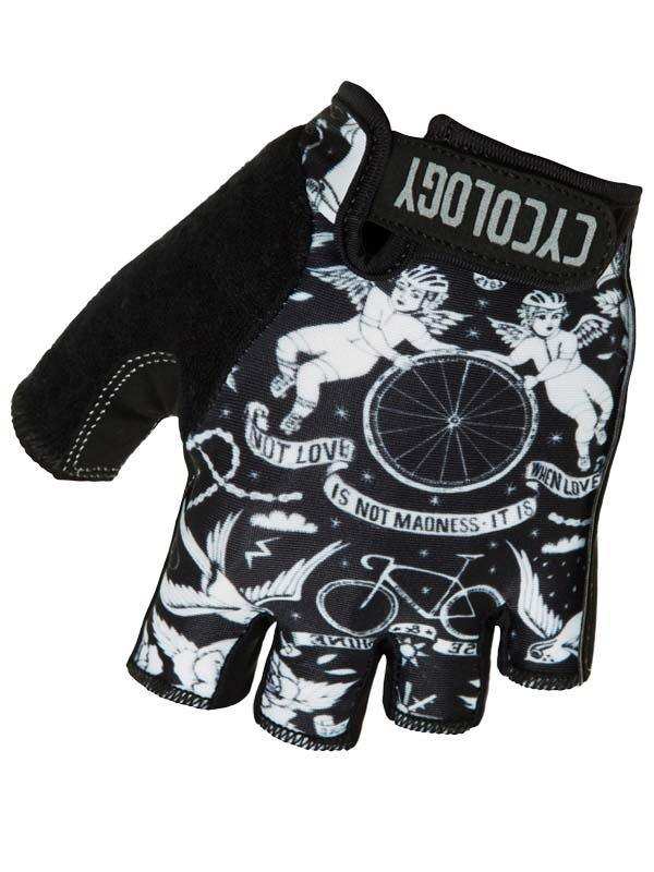 Black fingerless cycling glove with white angel and bike print, 'Cycology' wrist strap