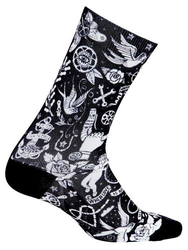 Black cycling sock with white tattoo-style design featuring roses, birds, anchors, and skulls for men and women
