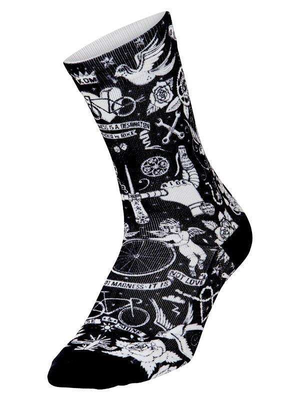 Black and white cycling sock with tattoo-style graphics, roses, bikes, and slogans for men and women