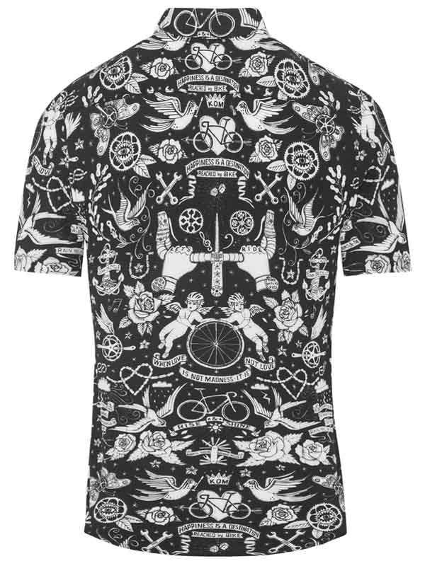 Black cycling shirt with white tattoo-style designs, roses, bikes, and wings for men and women