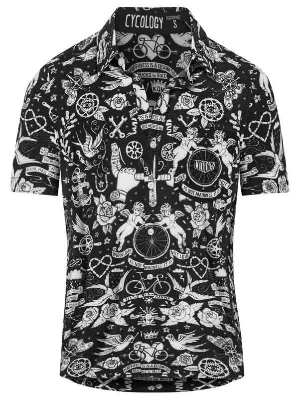 Black and white cycling shirt with tattoo-style graphics and bike motifs for men and women