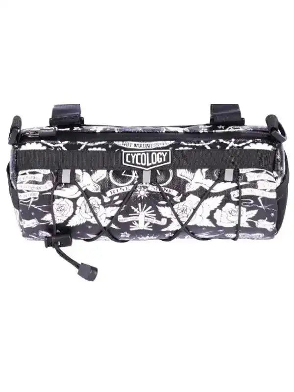 Cycology bike frame bag with black and white tattoo-style design, featuring roses and cycling motifs
