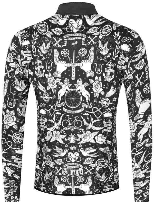 Men's long sleeve cycling jersey with black and white tattoo-style graphics featuring bikes, roses, and wings