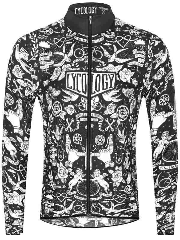 Men's long sleeve cycling jersey with black and white tattoo-style graphic print, full zip front