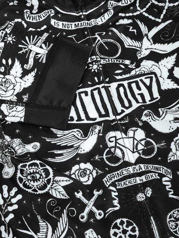 Black cycling jersey with white tattoo-style graphics, birds, bikes, and 'Cycology' text