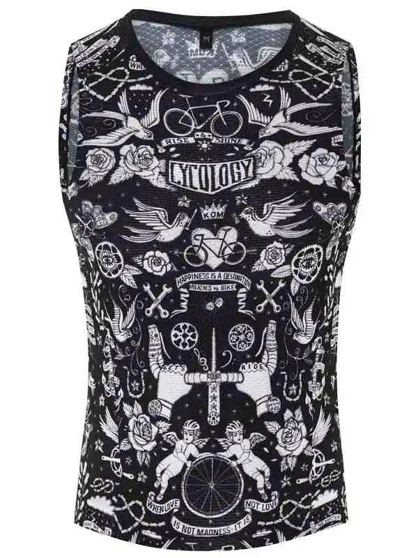 Black and white cycling tank top with tattoo-style graphics, bikes, roses, and wings for men or women.