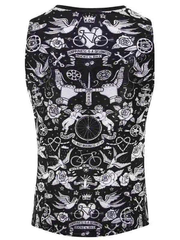 Black sleeveless cycling jersey with white tattoo-style graphics, roses, bikes, and motivational phrases