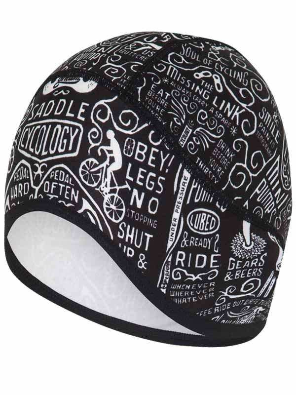 Black cycling cap with white cycling-themed text and graphics, featuring phrases like 'Pedal Hard' and 'Ride' for bike enthusiasts.