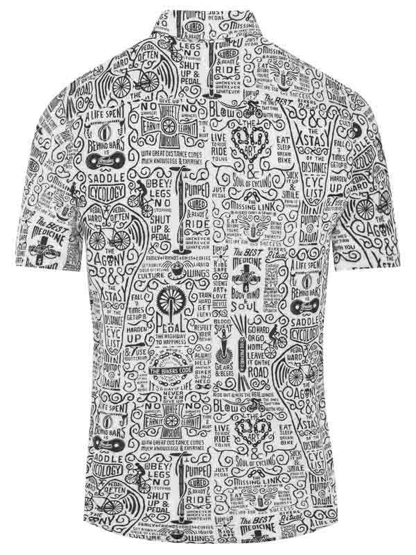 Men's cycling jersey with bold black-and-white graphic print featuring cycling quotes and icons