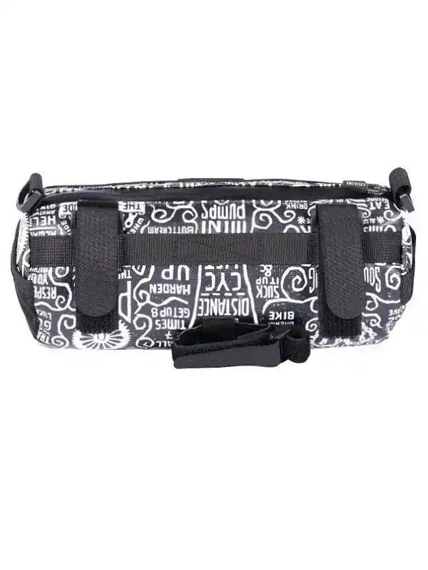 Black and white cycling frame bag with motivational text and swirl patterns, ideal for bike rides