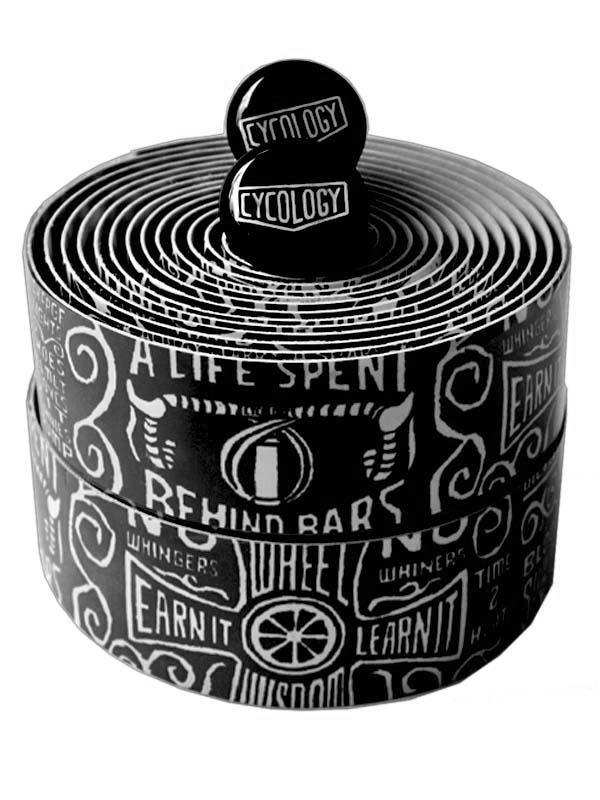 Cycology cycling handlebar tape with bold black-and-white graphic design, featuring cycling phrases and logos