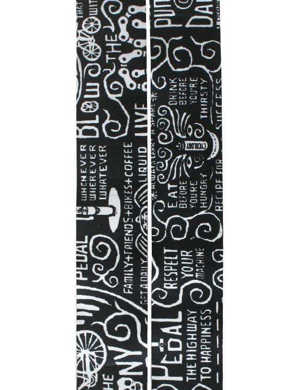 Black cycling jersey with white bike-themed graphics and motivational phrases for men and women