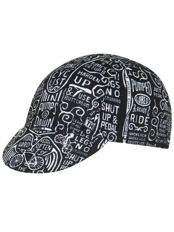 Black cycling cap with white text and bike graphics, ideal for men's and women's cycling apparel