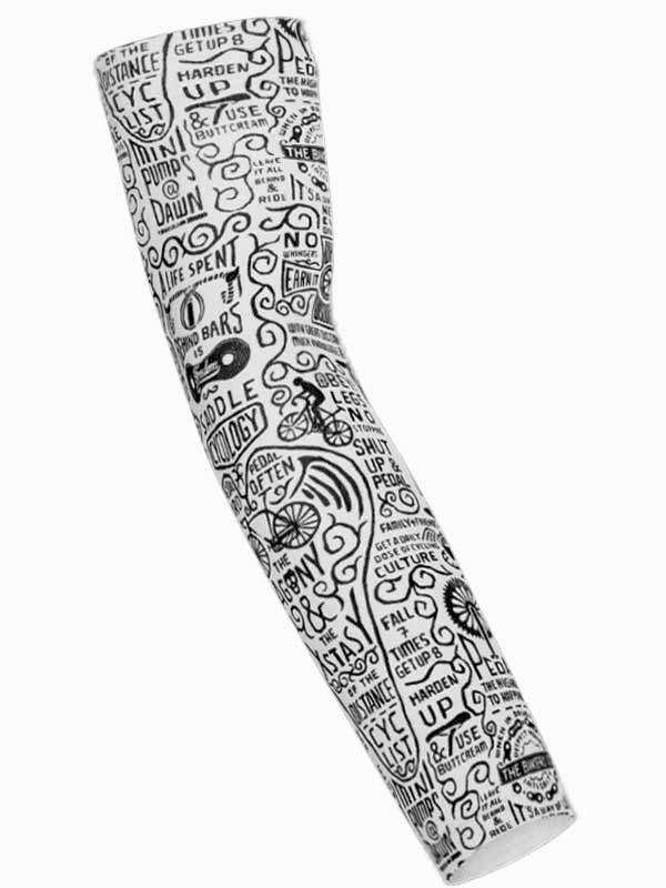 Cycling arm sleeve with bold black-and-white typography and bike-themed graphics for men and women